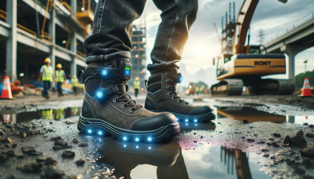 a construction worker's feet as he takes a step, showcasing the state-of-the-art safety smart boots