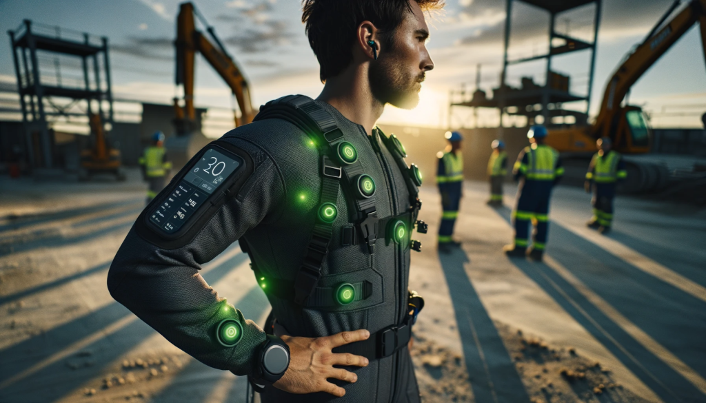 a construction worker in profile, showcasing his advanced safety smart body suit