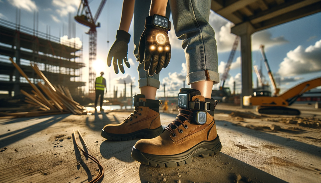 close-up of a female construction worker's boots, which have built-in sensors to detect unstable ground