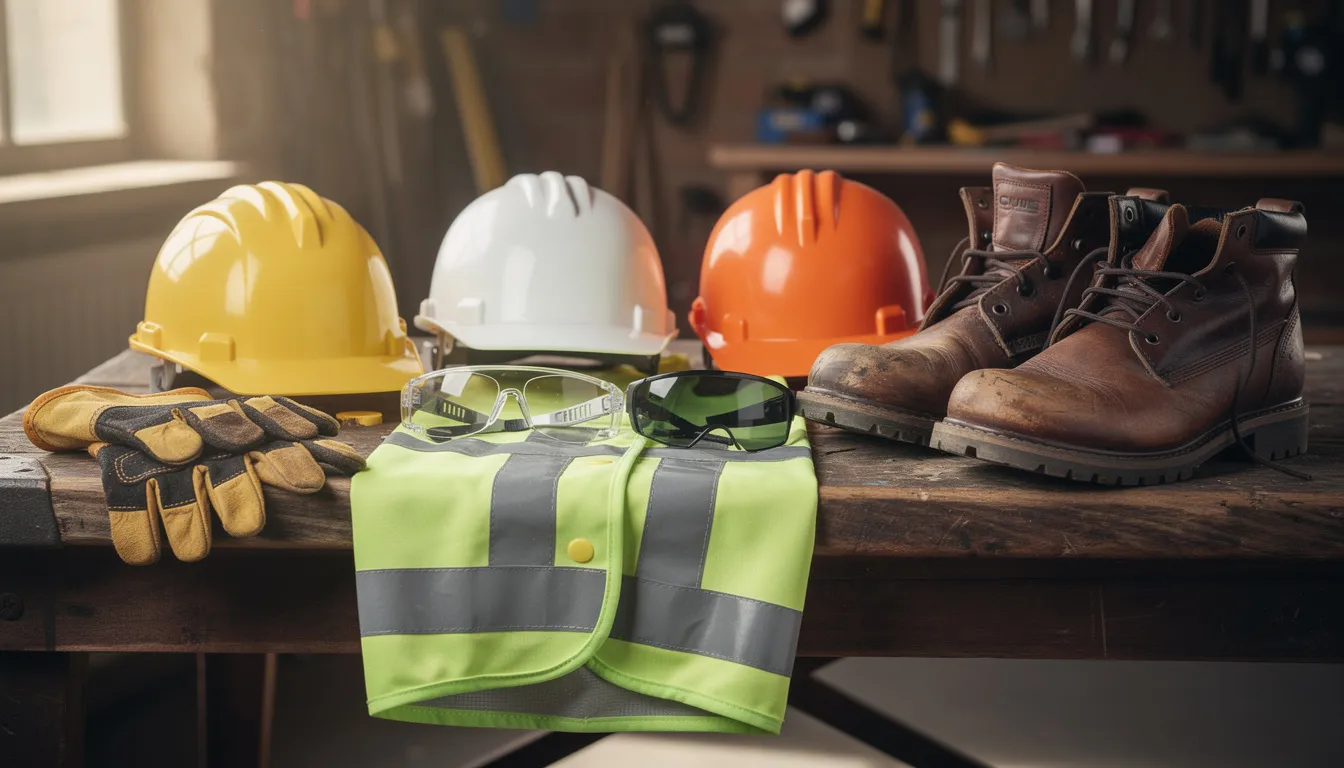 The image shows an organized workbench displaying various personal protective equipment (PPE) essential for construction workers, including hard hats, safety glasses, high-visibility vests, gloves, and steel-toe boots, emphasizing the importance of occupational safety and adherence to safety regulations on construction sites. This arrangement highlights the necessary safety measures to protect construction workers from potential hazards and ensure a safe job site.