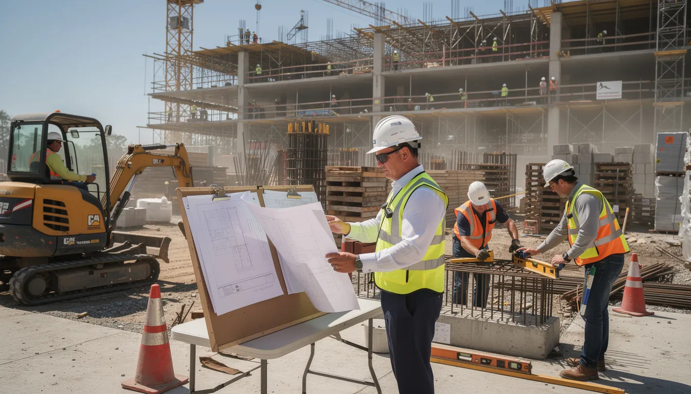 The image depicts a bustling construction project site featuring workers engaged in various tasks, heavy equipment in operation, and a supervisor reviewing documents related to the apprenticeship program. This scene highlights the importance of training apprentices and maintaining compliance with prevailing wage laws and apprenticeship standards in the construction industry.
