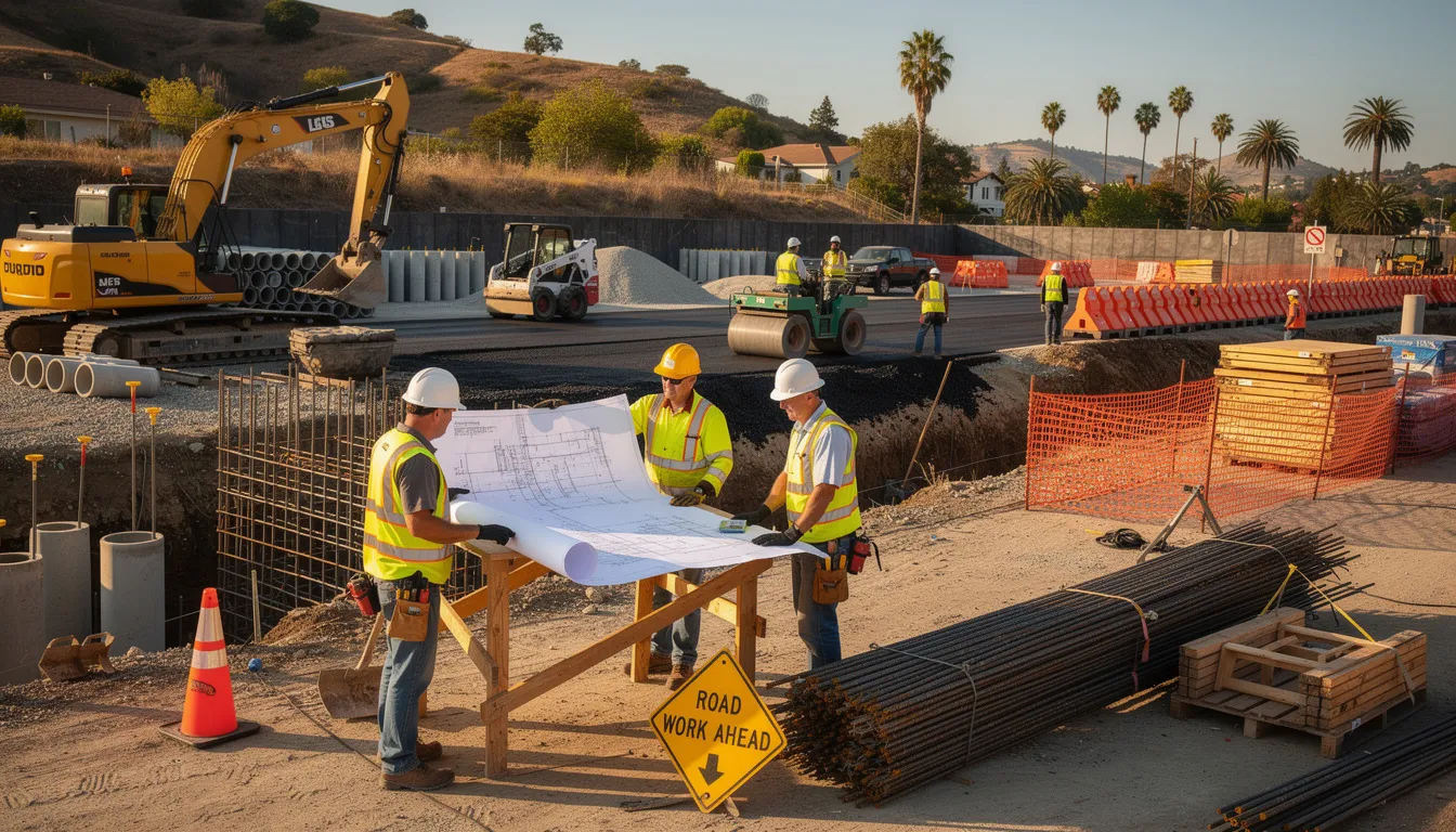 The image shows construction workers at a public works project site in California, surrounded by various equipment and materials. They are engaged in apprentice work, adhering to apprenticeship standards and fair labor practices while contributing to the ongoing construction industry efforts.