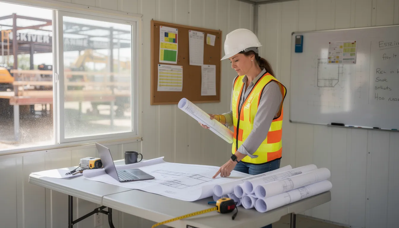A confident woman wearing a hard hat is reviewing construction documents inside a project trailer at a construction site, embodying the growing presence of women in construction management. Her role as a senior project manager highlights the importance of diverse perspectives and leadership positions in the male-dominated construction industry.
