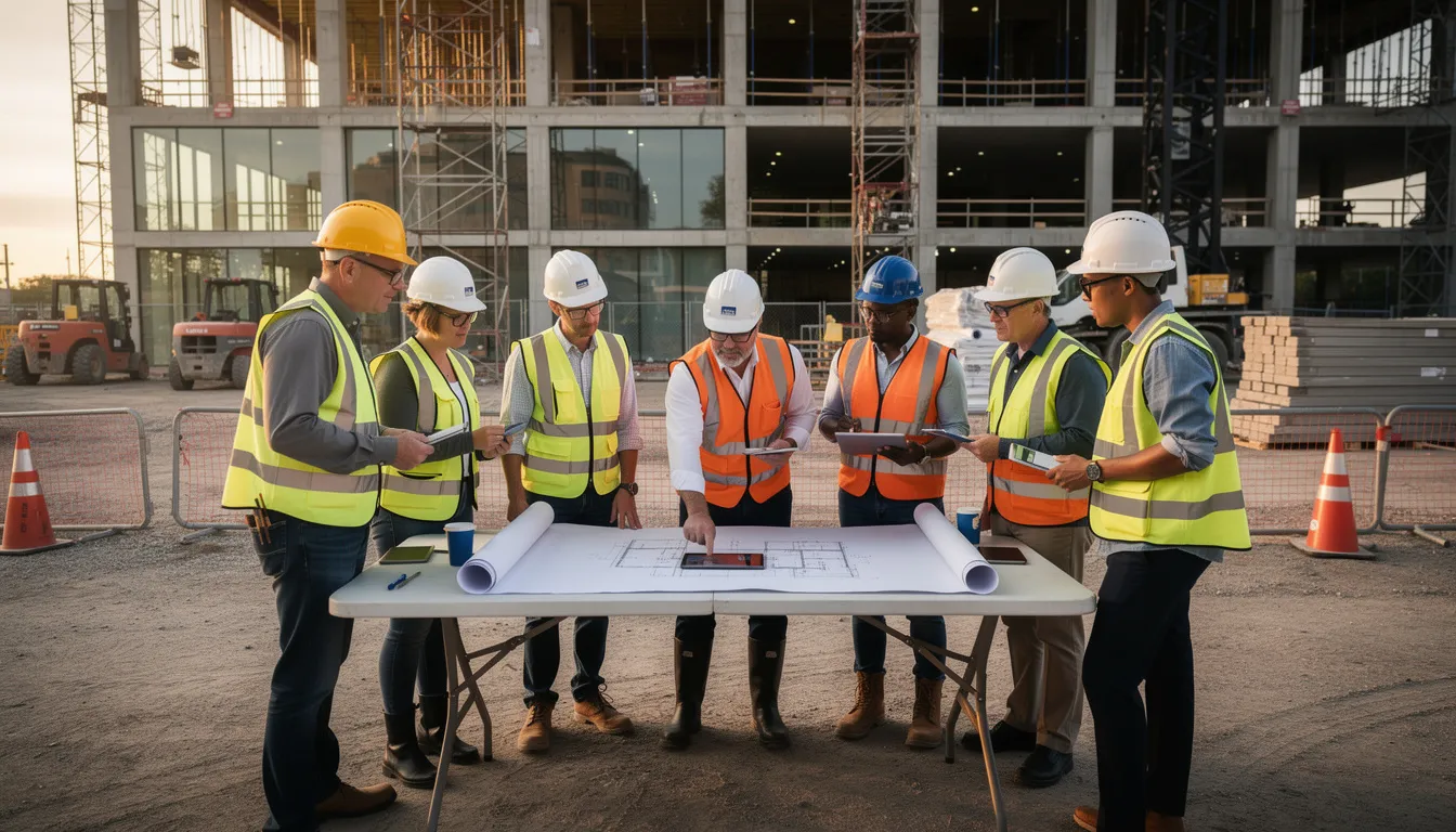 A diverse construction team is engaged in a coordination meeting at a commercial job site, showcasing the collaborative approach essential in construction management. This image highlights the growing presence of women in construction, emphasizing their leadership roles and contributions to large-scale construction projects within a traditionally male-dominated industry.