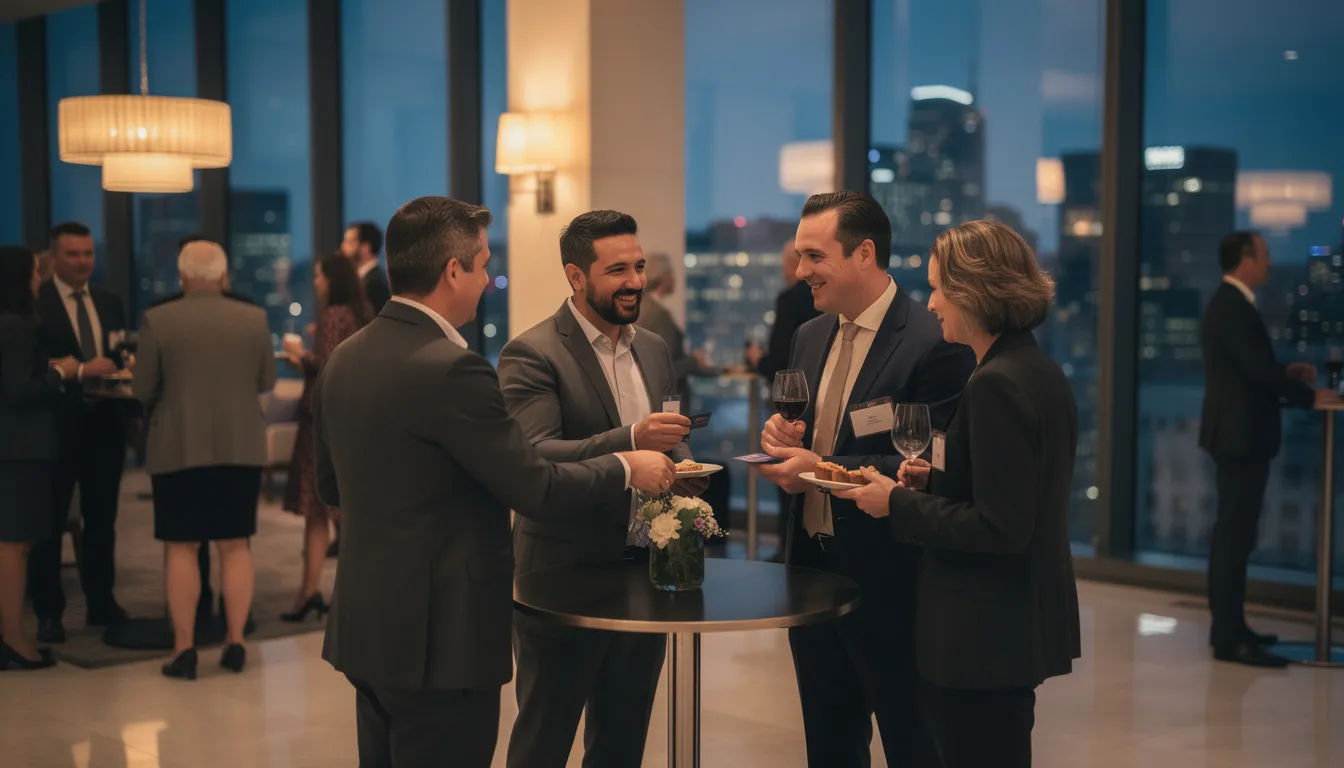 The image depicts a group of professionals networking at an evening reception event, engaging in conversations about key issues and legislative action, with elected officials and state legislators among the attendees. The atmosphere is lively, highlighting the importance of advocacy and collaboration in shaping policies and practices.