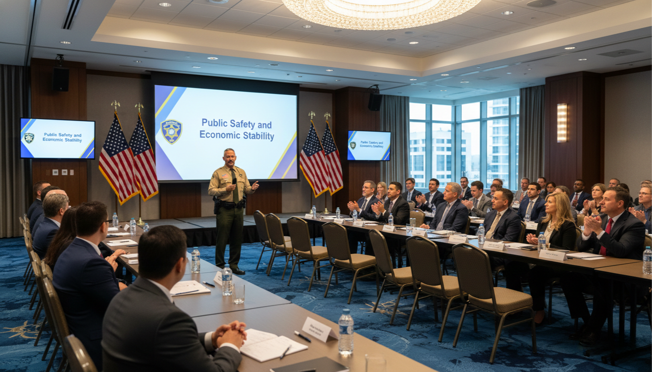 The image shows a group of professionals, including elected officials and advocates, seated attentively at a conference session where a speaker addresses key issues related to legislative action. The attendees, engaged in advocacy training, are taking notes and discussing talking points to strengthen their efforts in influencing federal policymakers.